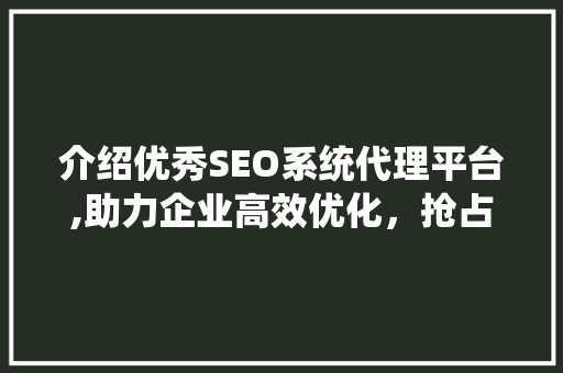 介绍优秀SEO系统代理平台,助力企业高效优化，抢占网络营销制高点