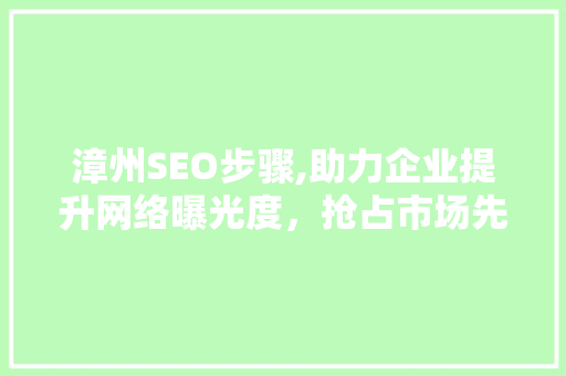 漳州SEO步骤,助力企业提升网络曝光度，抢占市场先机
