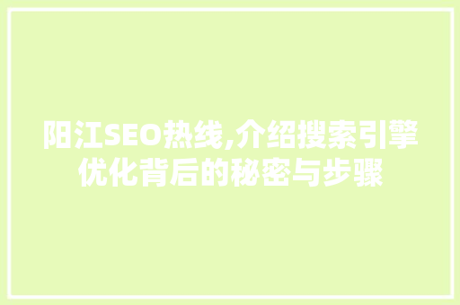 阳江SEO热线,介绍搜索引擎优化背后的秘密与步骤
