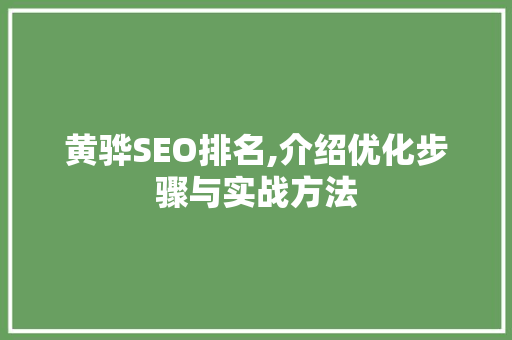 黄骅SEO排名,介绍优化步骤与实战方法