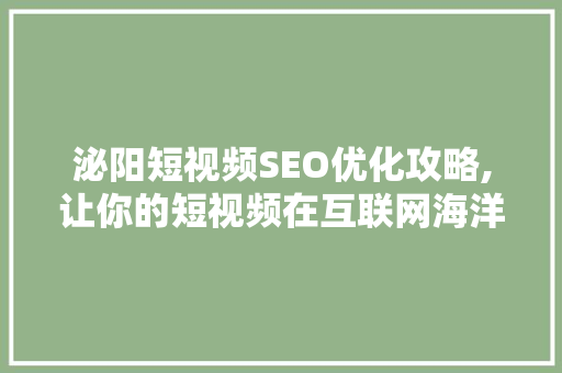 泌阳短视频SEO优化攻略,让你的短视频在互联网海洋中脱颖而出