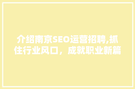 介绍南京SEO运营招聘,抓住行业风口，成就职业新篇章