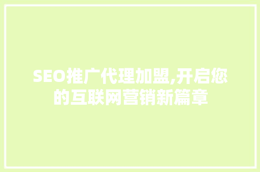 SEO推广代理加盟,开启您的互联网营销新篇章