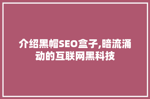 介绍黑帽SEO盒子,暗流涌动的互联网黑科技