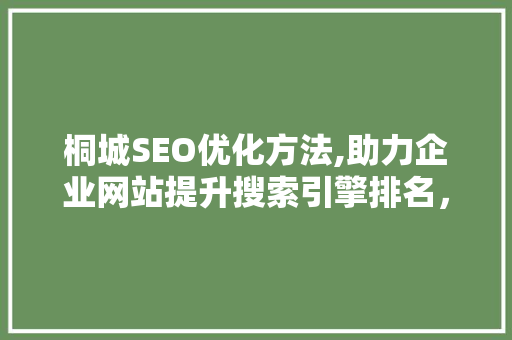 桐城SEO优化方法,助力企业网站提升搜索引擎排名，抢占网络市场先机