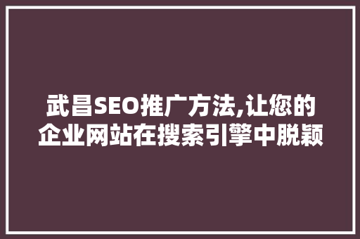 武昌SEO推广方法,让您的企业网站在搜索引擎中脱颖而出