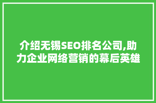 介绍无锡SEO排名公司,助力企业网络营销的幕后英雄