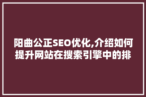 阳曲公正SEO优化,介绍如何提升网站在搜索引擎中的排名