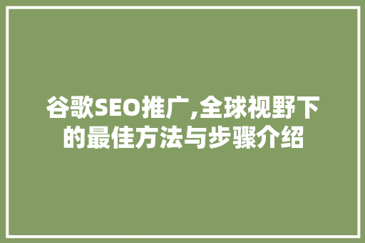 谷歌SEO推广,全球视野下的最佳方法与步骤介绍