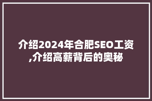 介绍2024年合肥SEO工资,介绍高薪背后的奥秘