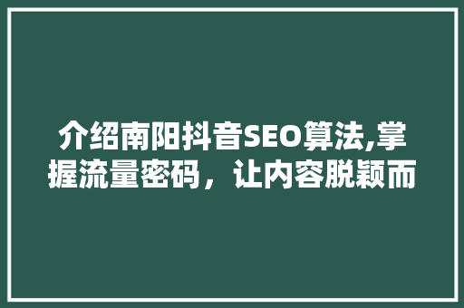 介绍南阳抖音SEO算法,掌握流量密码，让内容脱颖而出