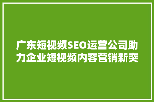 广东短视频SEO运营公司助力企业短视频内容营销新突破