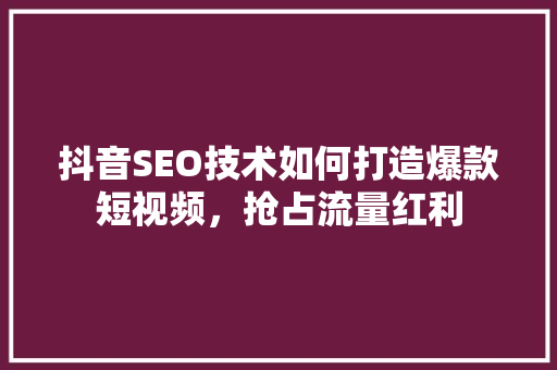 抖音SEO技术如何打造爆款短视频，抢占流量红利