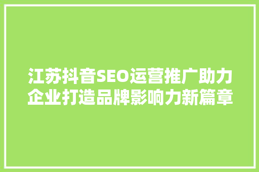 江苏抖音SEO运营推广助力企业打造品牌影响力新篇章