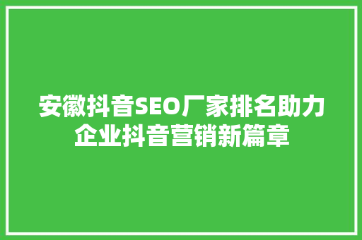 安徽抖音SEO厂家排名助力企业抖音营销新篇章