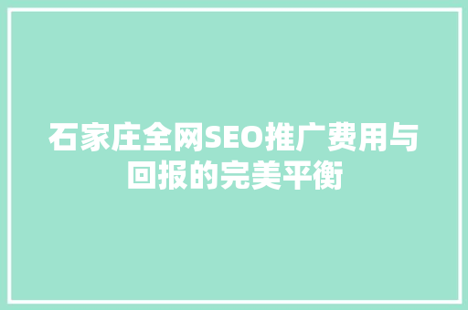 石家庄全网SEO推广费用与回报的完美平衡