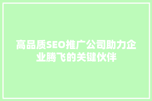 高品质SEO推广公司助力企业腾飞的关键伙伴