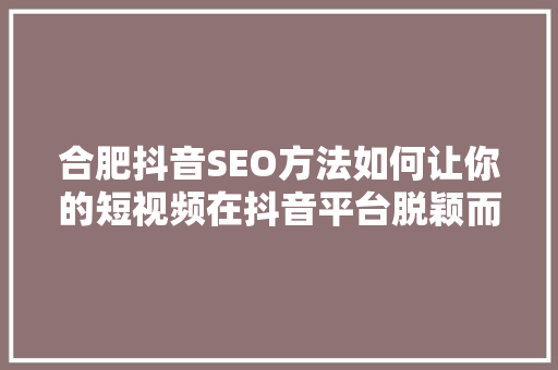 合肥抖音SEO方法如何让你的短视频在抖音平台脱颖而出