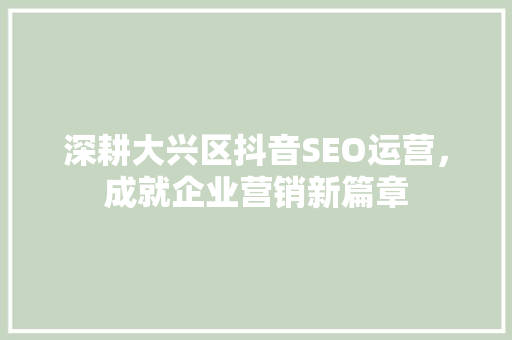 深耕大兴区抖音SEO运营，成就企业营销新篇章
