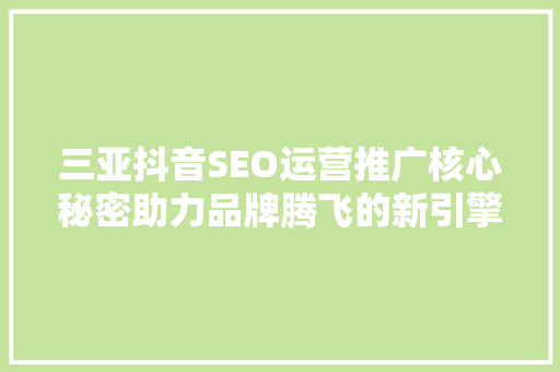 三亚抖音SEO运营推广核心秘密助力品牌腾飞的新引擎