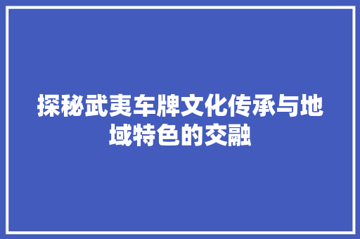 探秘武夷车牌文化传承与地域特色的交融